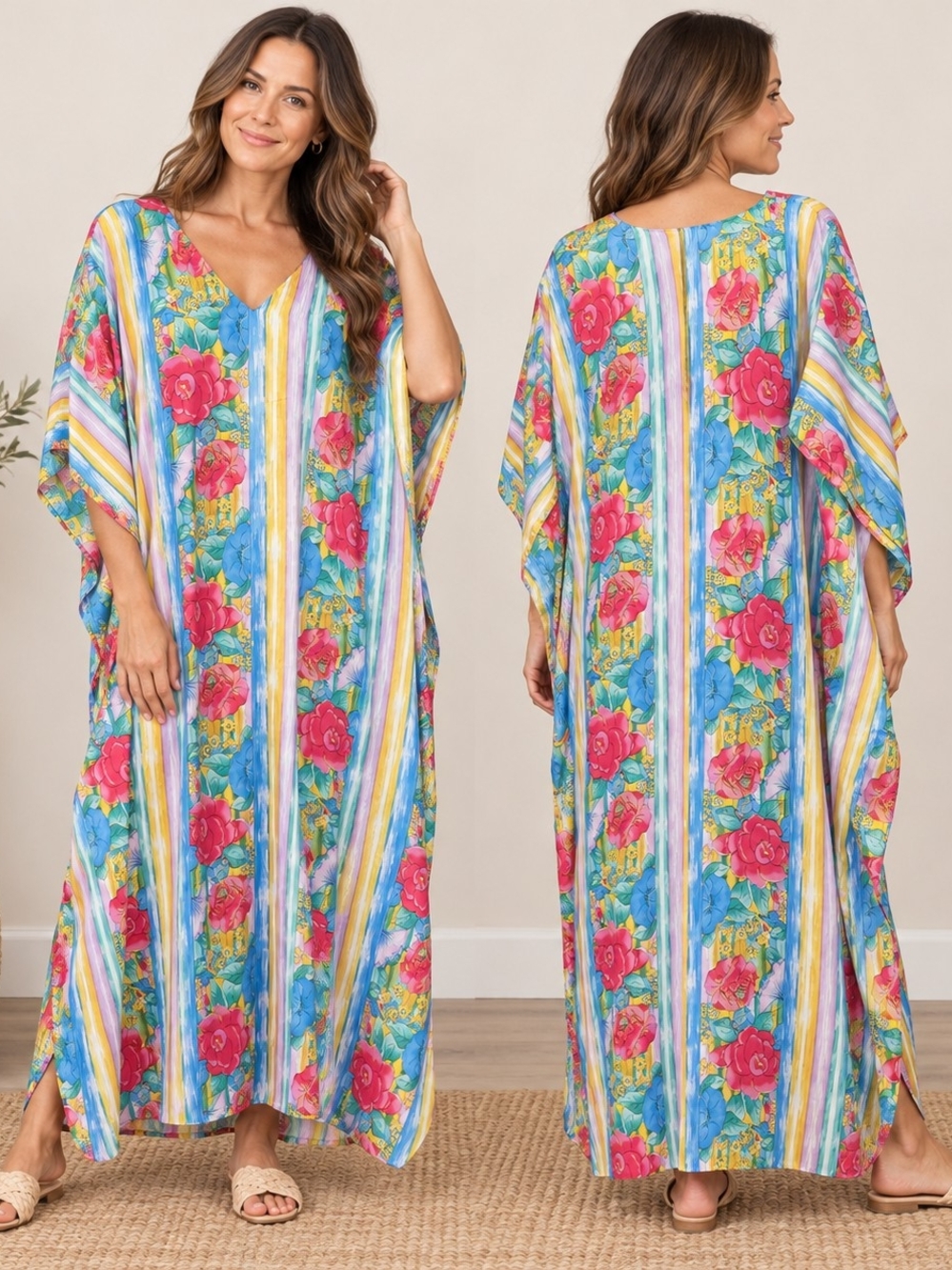 WINLAR Floral Striped Kaftan Maxi Dress One Size Contemporary Casual Resortcore